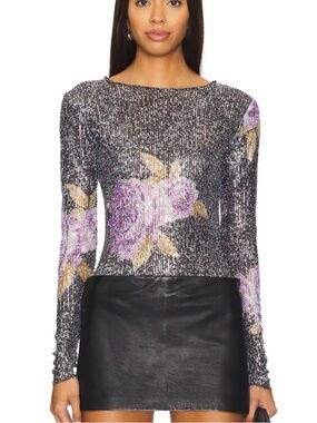 Free People Intimately Black Motif LongSleeve Amethyst Combo Print Sequin XS NWT